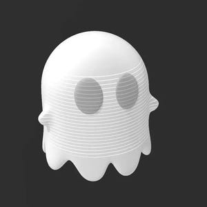 May include: A white ghost figurine featuring a rounded head and a scalloped bottom edge. The surface of the ghost displays a series of horizontal, thin, raised lines that wrap around the entire body, with two smooth, oval-shaped eye cutouts.