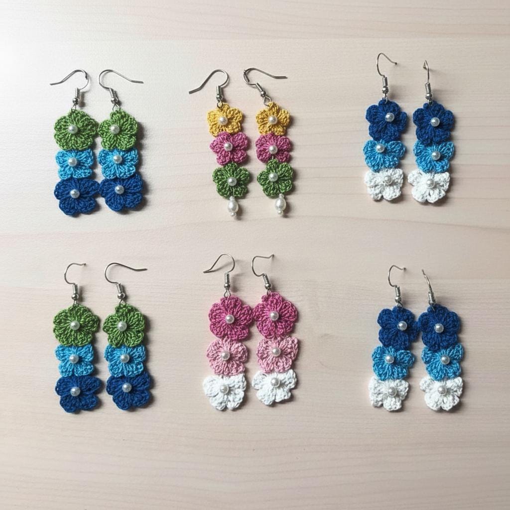 38 Crochet Jewellery Patterns with Brooches, Earrings, Bracelets 17 Ombre Flower Crochet Earrings