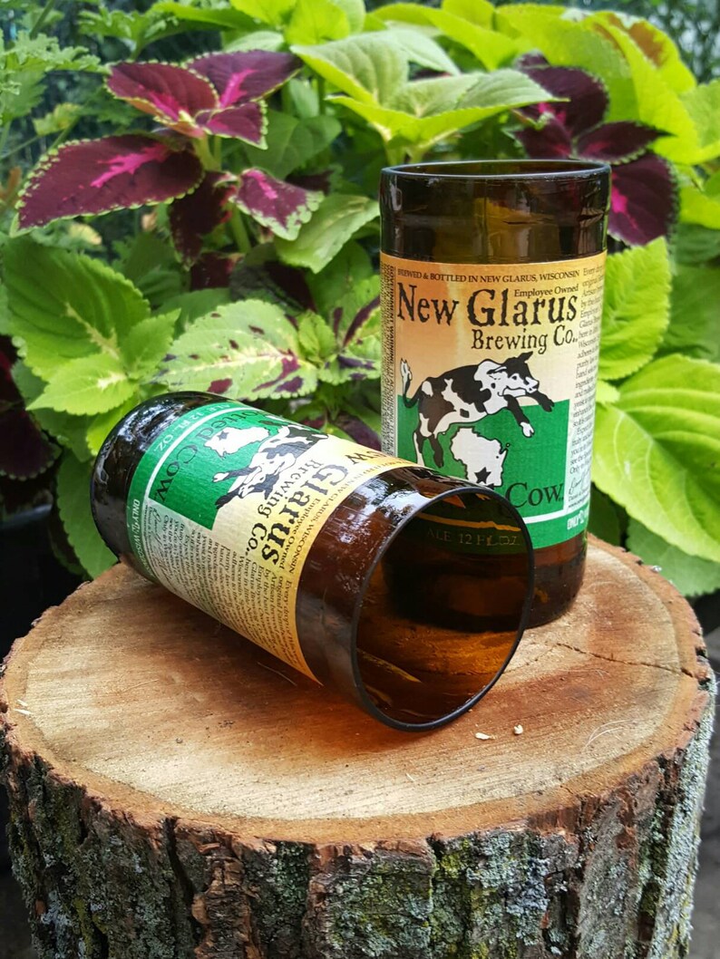 Set of hand cut New Glarus Spotted Cow beer bottle glasses