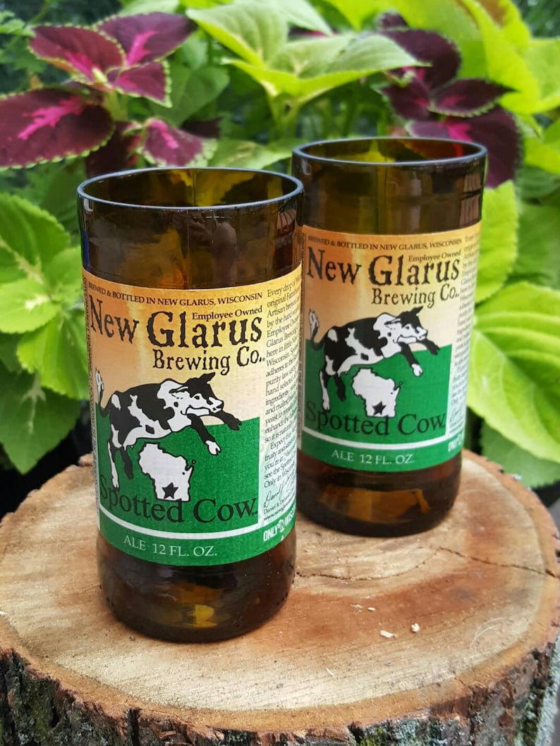 Set of hand cut New Glarus Spotted Cow beer bottle glasses ...