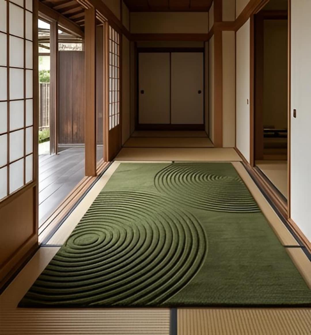 Simplistic Rugs Japanese Japanese Zen Garden Rug, Green High-low Wave Pattern Carpet, Minimalist ...