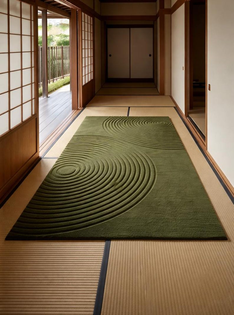 Japanese Zen Garden Rug, Green High-low Wave Pattern Carpet, Minimalist ...