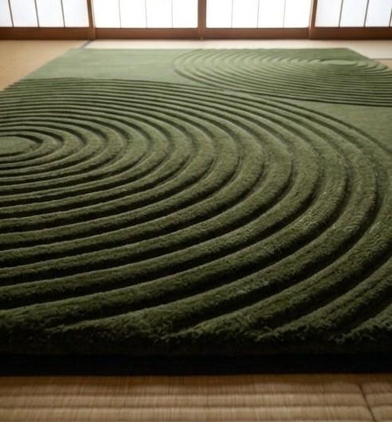 Japanese Zen Garden Rug, Green High-low Wave Pattern Carpet, Minimalist ...
