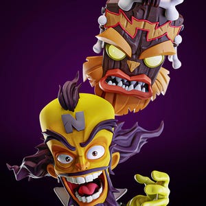 May include: A vibrant, detailed figurine of a cartoon character with a yellow head, purple hair, and a wide, toothy grin. A wooden mask with bone accents hovers above the character. The background is a deep purple.