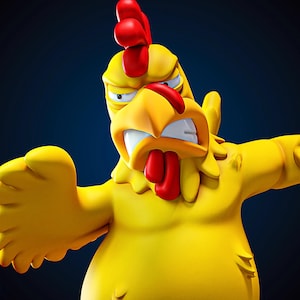 May include: A cartoonish, yellow chicken with an angry expression. The chicken has a red comb and wattle, white teeth, and is posed with its arms outstretched. The background is a dark blue gradient.