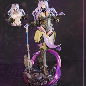 May include: A detailed figurine of a character with long, lavender hair and a black and gold armored outfit. The figure is holding a staff with a silver axe head and stands on a rocky base with a purple energy effect. A smaller inset image shows a close-up.