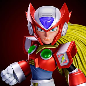 May include: A detailed figurine of Zero from the Mega Man X series. The figure features a red and white helmet with a blue visor, red armor, and long, flowing yellow hair. The character has a determined expression.
