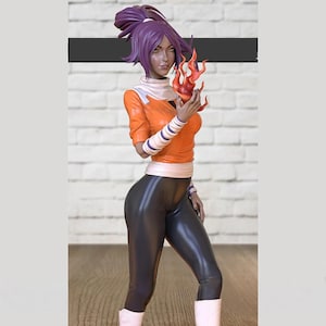 May include: A detailed figurine of a character with purple hair in a high ponytail, wearing an orange top, black leggings, and white boots. The character is holding a fiery object in their hand. The figure is posed in front of a white brick wall.