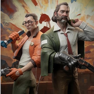 Puede incluir: Dos figuras de personajes estilizados de pie, una al lado de la otra. La figura de la izquierda lleva una chaqueta naranja, camisa blanca y gafas redondas, sosteniendo una herramienta azul y una pistola. La figura de la derecha tiene bigote, viste una chaqueta verde, camisa blanca, corbata roja y un guantelete metálico.