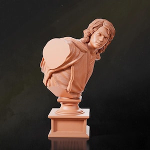 May include: A terracotta-colored bust sculpture of a person with long hair, wearing a draped garment. The bust is mounted on a pedestal with a square base. The sculpture has a detailed texture and is set against a dark background.