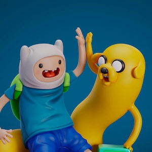 May include: A colorful figurine set featuring Finn and Jake from Adventure Time. Finn is wearing a white hat, blue shirt, and blue shorts, with a green backpack. Jake is a yellow dog-like character. The figures are set against a blue background.