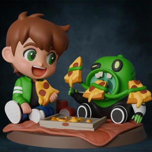 May include: A figurine set featuring a cartoon boy and a green alien character, both enjoying pizza slices. The boy wears a green jacket and black shirt, while the alien has a large mouth and holds multiple pizza slices. A pizza box sits between them.