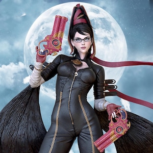 May include: A detailed figure of a woman in a black jumpsuit with gold chain accents, holding two ornate red and gold pistols. She wears glasses and a distinctive headpiece, with a full moon in the background. The figure has a confident pose.