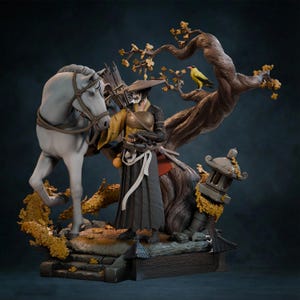 May include: A detailed figurine of a samurai warrior in a yellow and black outfit, holding a bow and arrows, next to a white horse. A tree with yellow leaves and a bird is in the background. The base features a Japanese-style structure.