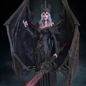 May include: A detailed figurine of a queen with silver hair, a crown, and large black wings. She wears a black dress with red accents and holds a red sword. The figure has a stern expression and is set against a dark background.