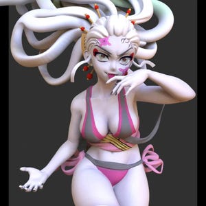 May include: A 3D-printed figurine of a female anime character with white hair styled in large loops. She wears a pink and gray bikini, with pink bows. Her face has pink markings and she has a seductive expression. The background is a solid gray.