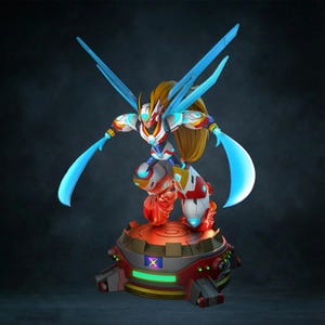 Puede incluir: Figura detallada de un personaje en una pose dinámica, empuñando dos espadas de energía azul brillante. La figura está vestida con una armadura blanca, roja y azul, con pelo largo y rubio. Se encuentra sobre una plataforma roja y gris con luz verde y azul.