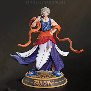 May include: A detailed figurine of a male figure in a blue tank top with a bunny graphic, orange sash, and flowing purple and white robes. The figure is holding a lollipop and wearing blue sandals. The base reads "BUDDHA".