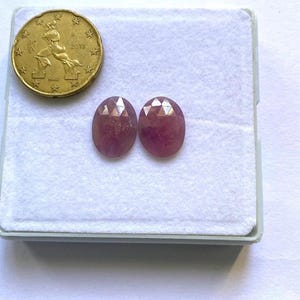 May include: Two oval, faceted, pink gemstones sit in a white plastic tray, next to a gold coin. The gemstones have a polished, reflective surface. The coin is gold and features an embossed design. The gemstones are likely around 1 cm in length.