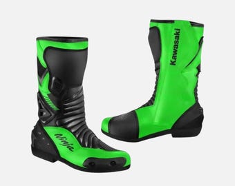Kawasaki Ninja Motorcycle Racing Boots Genuine Cowhide Leather Biker Boots Motorbike Protective Gear MotoGP Riding Boots Gift for Riders