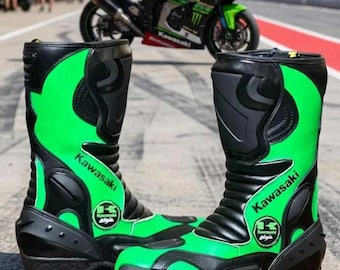 Kawasaki Ninja Motorcycle Racing Boots Premium Cowhide Leather Boots MotoGP Riding Boots New Motorsports Racing Boots Best Gift for Him