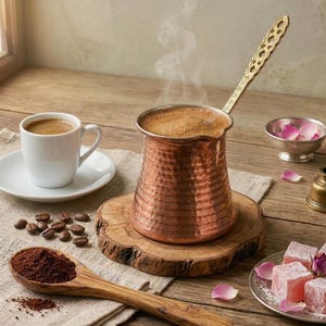 May include: A copper coffee pot with a decorative handle sits on a wooden coaster, filled with steaming coffee. A white coffee cup and saucer are to the left. Coffee beans and a wooden spoon with coffee grounds are in the foreground. Rose petals and Turkish delight are also present.