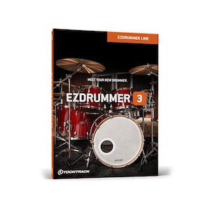 Puede incluir: Caja de producto para EZdrummer 3, con una batería con tambores rojos y platillos. El texto "EZDRUMMER 3" se muestra de forma destacada, con el lema "Meet your new drummer". El logotipo de Toontrack es visible en la parte inferior.