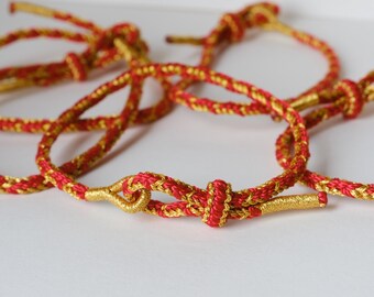Pulseira de cordão vermelho e dourado, Pulseira da sorte vermelho e dourado, Pulseira de cordão vermelho e dourado