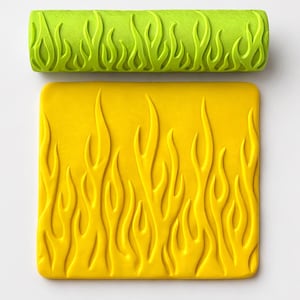 May include: A lime green textured roller and a yellow rectangular stamp, both featuring a flame design. The roller is cylindrical, while the stamp is a flat, square shape. The flame pattern is raised on both items.