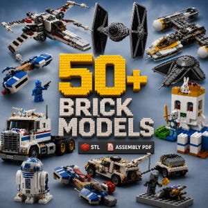 May include: A collection of various brick-built models including starfighters, a semi-truck, a robot, and a castle structure. The text 50+ BRICK MODELS is displayed in the centre, with icons for STL and ASSEMBLY PDF files below the text.