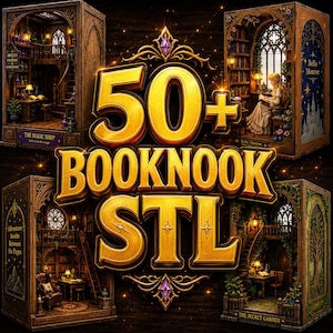 May include: An image showcasing miniature book nooks with intricate designs. The central text reads "50+ BOOKNOOK STL" in gold. The book nooks depict scenes like a magic shop, a secret garden, and a library with the text "Bella Monroe".