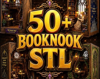 May include: An image showcasing miniature book nooks with intricate designs. The central text reads "50+ BOOKNOOK STL" in gold. The book nooks depict scenes like a magic shop, a secret garden, and a library with the text "Bella Monroe".