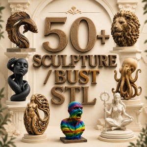 Puede incluir: Una variedad de esculturas y bustos, incluyendo una cabeza de león, un pulpo y una figura humana con una cara de arcoíris. La imagen también muestra el texto "50+ SCULPTURE / BUST STL". Las esculturas son de varios colores y estilos.