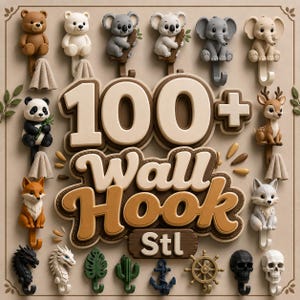 Pode incluir: Uma coleção de ganchos de parede decorativos com vários designs de animais e objetos, incluindo ursos, coalas, elefantes, um veado, uma raposa e caveiras. A imagem apresenta o texto "100+ Wall Hook STL".