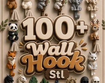 May include: A collection of decorative wall hooks in various animal and object designs, including bears, koalas, elephants, a deer, a fox, a skull, and more. The image features the text "100+ Wall Hook STL".