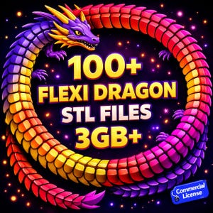 Może przedstawiać: Kolorowy, stylizowany smok w kształcie okręgu z tekstem "100+ FLEXI DRAGON STL FILES 3GB+". Smok przechodzi od fioletu do czerwieni, z żółtymi akcentami. Widoczna jest odznaka licencji komercyjnej.