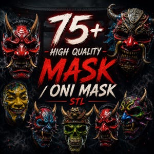 Puede incluir: Una colección de más de 75 archivos STL de máscaras Oni de alta calidad con varios diseños, incluyendo máscaras de demonios con cuernos en rojo, azul, amarillo y verde con detalles intrincados, dientes afilados y acentos metálicos, junto al texto 75+ HIGH QUALITY MASK / ONI MASK STL.