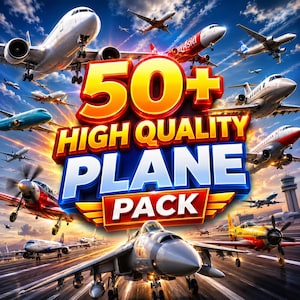 May include: An illustration featuring numerous airplanes of various types, including commercial jets and propeller planes, soaring against a blue sky. The image prominently displays the text "50+ HIGH QUALITY PLANE PACK" in bold, colorful lettering.