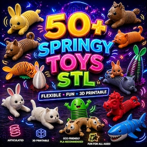 Pode incluir: Uma imagem vibrante mostrando uma coleção de brinquedos de mola impressos em 3D, incluindo animais como coelhos, gatos e um tubarão. O texto "50+ SPRINGY TOYS STL" é exibido de forma proeminente. Os brinquedos são coloridos e rotulados como flexíveis, divertidos e imprimíveis em 3D.