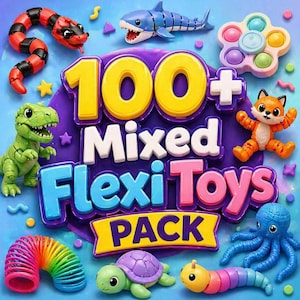 May include: A vibrant assortment of flexible toys, such as a snake, shark, dinosaur, fox, octopus, turtle, caterpillar, and a rainbow slinky. The image displays the text "100+ Mixed Flexi Toys PACK".