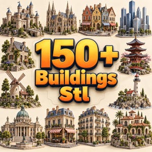 以下が含まれることがあります： 150種類以上の建物ミニチュアモデルのSTLデータ集。石造りの城、ゴシック様式の聖堂、ヨーロッパ風の街並み、高層ビル、五重塔、風車、灯台など、多様な建築様式を網羅したデザインコレクション。