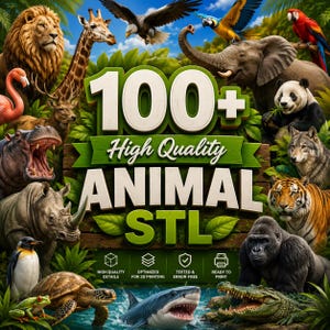Könnte beinhalten: Eine digitale Grafik mit dem Text 100+ High Quality ANIMAL STL, umgeben von verschiedenen Tieren, darunter ein Löwe, eine Giraffe, ein Adler, ein Elefant, ein Panda, ein Wolf, ein Tiger, ein Gorilla, ein Krokodil, ein Hai, eine Schildkröte und ein Nashorn.