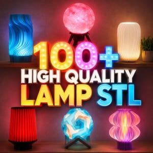 Może przedstawiać: Kolekcja różnych lamp o unikalnych wzorach i kolorach, w tym niebieska lampa z wzorem fal, czerwona lampa i różowa lampa w kształcie księżyca. Obraz zawiera również tekst "100+ HIGH QUALITY LAMP STL".