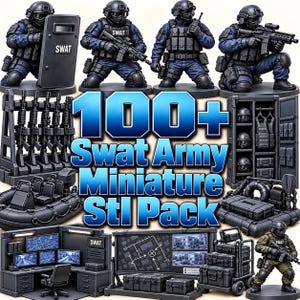 Puede incluir: Una colección de figuras en miniatura SWAT y equipo táctico que incluye un armero, un casillero, un bote táctico, un escritorio de comando con monitores, un tablero de mapas y un carrito de suministros, con el texto 100+ Swat Army Miniature Stl Pack.