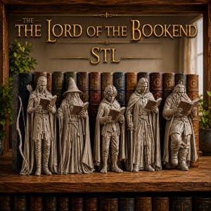 May include: A set of five grey, stone-like figurines depicting fantasy characters reading books, arranged as bookends in front of a row of vintage-style books. The text "THE LORD OF THE BOOKEND STL" is displayed in gold lettering above the figures.