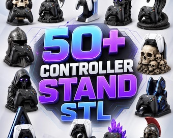 May include: A collection of 50+ controller stand STL files featuring various designs including skulls, dragons, helmets, and fantasy creatures. Each stand is shown holding a gaming controller, with the text 50+ CONTROLLER STAND STL displayed prominently in the center of the image.