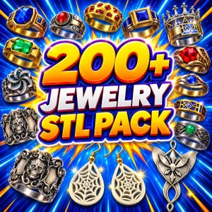 May include: A digital collection of 200+ jewelry STL files featuring various rings, including gold and silver bands with gemstones, skull motifs, and crown designs, alongside spiderweb-patterned earrings and a decorative pendant.