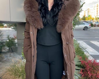 Women Long Brown Puffer Coat, Fur Trim Hooded Winter Parka, Quilted Padded Maxi Jacket, Cinched Waist Warm Outerwear