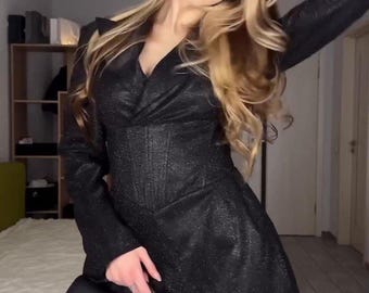 Black Shimmer Blazer Dress, Corset Waist Glitter Mini Dress, Sparkly Long Sleeve Tuxedo Party Dress, Night Out Cocktail Dress