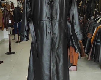 Men Black Leather Trench Coat, Long Real Leather Duster Coat, Belted Matrix Gothic Winter Overcoat, Vintage Leather Jacket